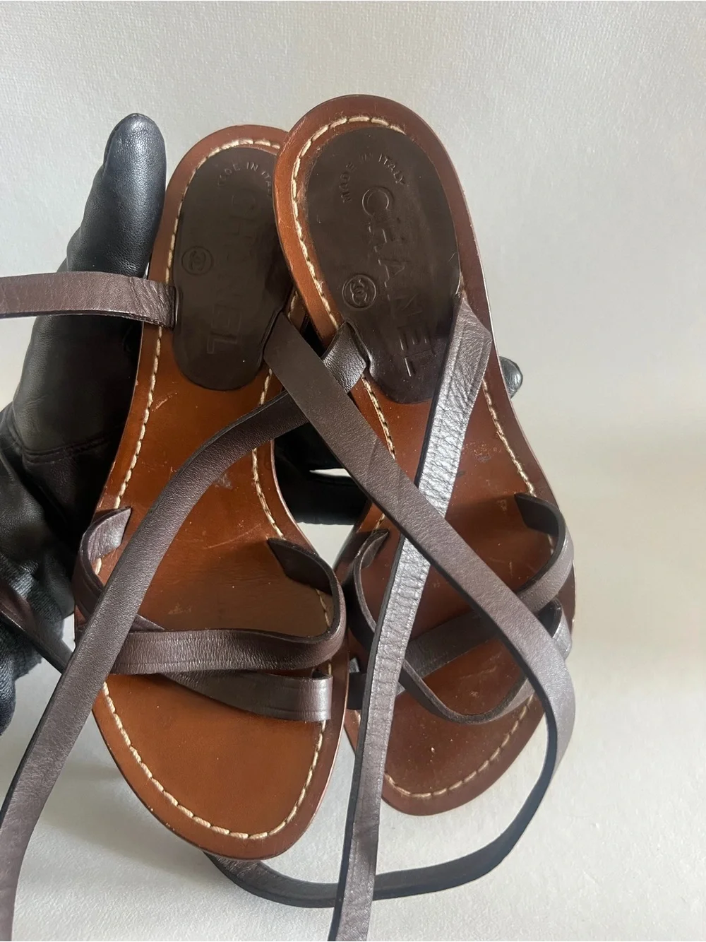 Chanel Brown Strappy Ankle-Wrap Heeled Sandals